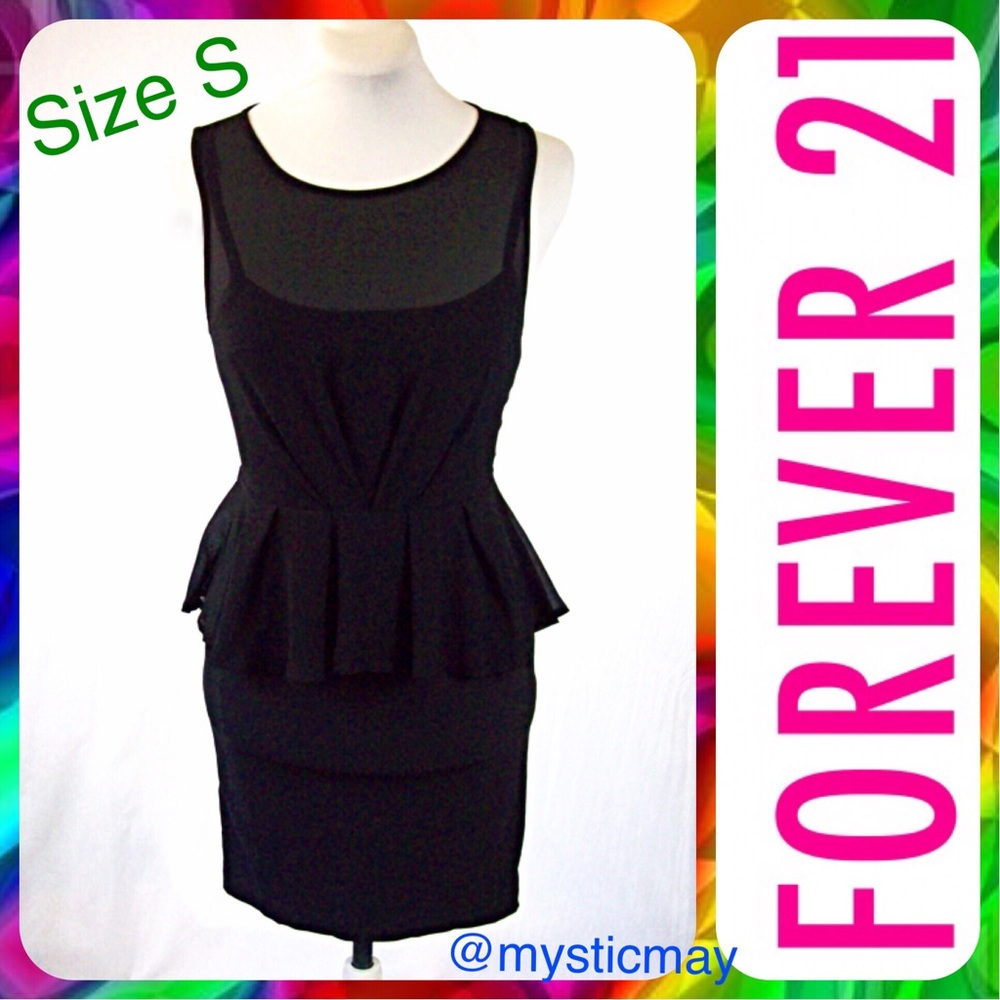 FOREVER 21 Sleeveless Black Crepe Overlay Peplum Flounce Sheath Dress LBD Size S